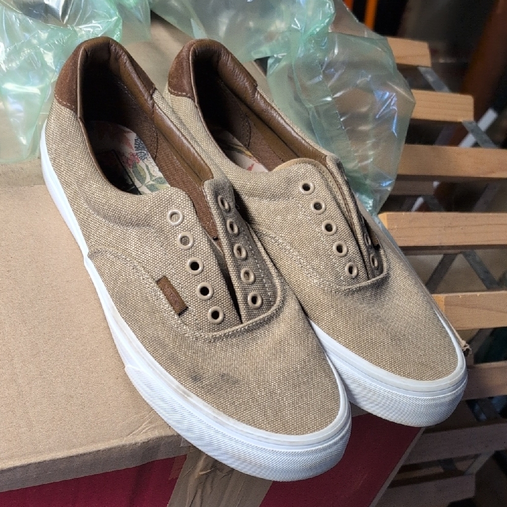 Vans Men's Beige Canvas Slip-On Sneakers
